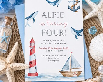 Editable Nautical Birthday Invitation Gender Neutral Seaside Invite Printable Template Instant Download
