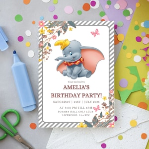 Dumbo Birthday Invitation Girl, Pink Dumbo First Birthday Invite, Digital Evite, Girl First Birthday Digital File GDB