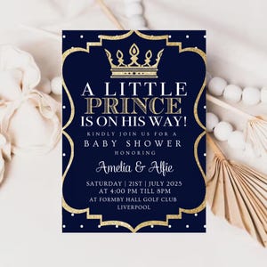 Prinz Krone Babyparty Einladung, Junge Babyparty einladen, Gold Prinz Krone, Baby blau Dusche, Canva digital bedruckbar, Prinz Jungenparty