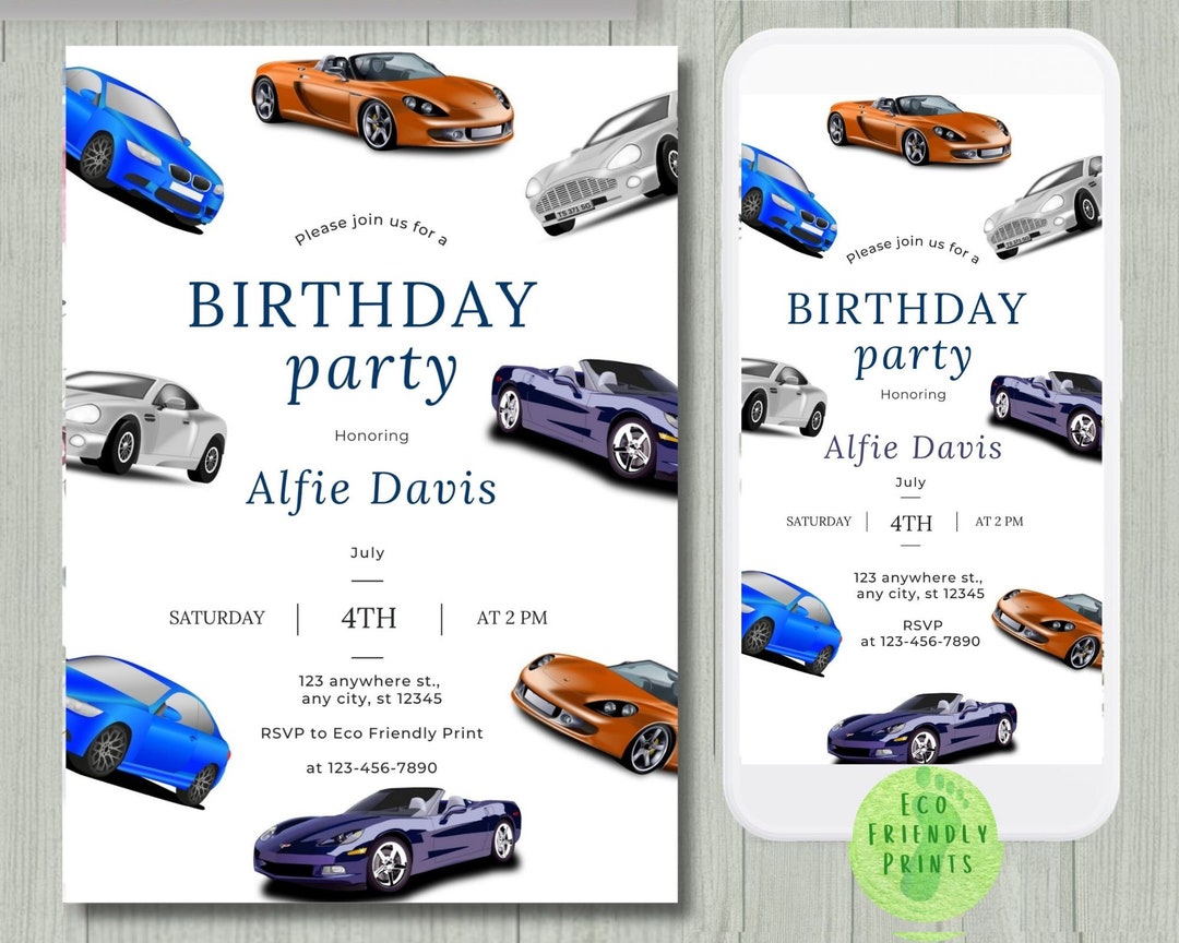 Sports Car Birthday Party Invitation, Blue Sports Car Birthday Invite
