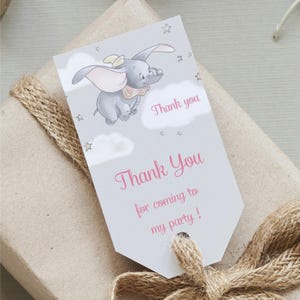 Etiquetas para recuerdos de cumpleaños de Dumbo: Agradecimiento a la fiesta de cumpleaños de Dumbo para niña (plantilla imprimible y editable) PDB