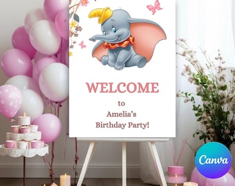 Pink Dumbo Birthday Welcome Sign: Editable Party Decor (Printable)