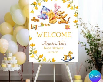Editable Winnie The Pooh Welcome Sign Pooh Baby Shower Gender Neutral Classic Winnie The Pooh Party Decor Canva Template Printable YP