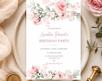 Blush Floral Birthday Invitation Template | Pink Editable Canva Birthday Invite | Printable Party Invitation | Digital Download BF