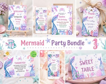 Peut inclure: Un ensemble de fête sirène comprenant de la papeterie imprimée avec des illustrations à l'aquarelle de queues de sirène, coquillages, étoiles de mer et coraux dans des tons rose, violet et bleu. Le lot inclut des invitations et des étiquettes.