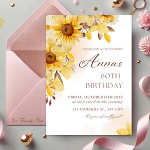 Invitación de cumpleaños con girasoles amarillos, ideal para cualquier edad, para mujeres y adolescentes, estilo bohemio, rústico y editable.