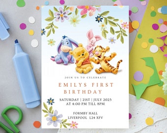 Winnie The Pooh Invitation, Winnie The Pooh Birthday Invitations, Classic Winnie The Pooh Invitations, Editable Template, PB1