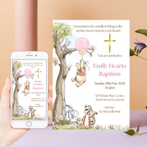 May include: A baptism invitation card featuring Winnie the Pooh characters, a gold cross, and the text: Sometimes the smallest things take up the most room in your heart! You are invited to Emily Hearts Baptism, Sunday 28th May 2025, 2pm, 123 Winnie Play Centre, Pooh Street Liverpool, RSVP@ EcoFriendlyPrint.