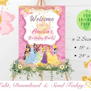Editable Princess Welcome Sign Princess Birthday Girl Princess Party Decor Printable Template Digital Download