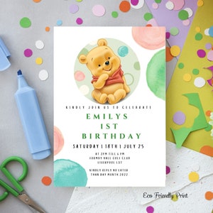 Winnie The Pooh Geburtstagseinladung, Winnie The Pooh bearbeitbare Vorlage, Winnie The Pooh erster Geburtstag, geschlechtsneutrale Einladung #SP