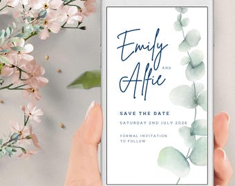 Invito elettronico Save the Date con eucalipto, invito di nozze digitale con tema verde per cellulare, download immediato, SMS, invito per smartphone