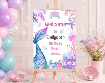 Cartel de bienvenida de cumpleaños editable con cola de sirena para niña, póster de bienvenida de cumpleaños bajo el mar, plantilla imprimible para descarga instantánea.