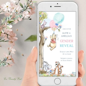Editable Winnie The Pooh Gender Reveal Evite Boy or Girl Classic Winnie The Pooh Invitation Phone Digital Electronic Canva Template PR