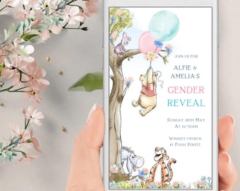 Editable Winnie The Pooh Gender Reveal Evite Boy or Girl Classic Winnie The Pooh Invitation Phone Digital Electronic Canva Template #WPR