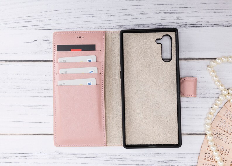 Pink Nude Samsung Galaxy Note 10 Premium Handmade Genuine Leather RFID Protection Cover Magic Wallet Case for Galaxy Note 10