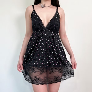 Sz XL Vintage Heart Polka Dot Nylon Slip Dress, Babydoll Lingerie Camicia da notte