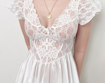 Minivestido vintage blanco transparente elástico con corpiño de encaje floral, lencería de novia estilo coqueta bailarina, estilo gótico de noche, talla M