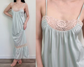 Sz S Vintage Blue Slip Dress, Maxi Length Nightgown, Lingerie Sleepwear