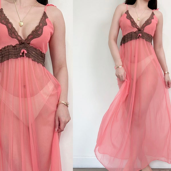 Sz S Sheer Pink Lingerie Nightgown | Vintage Lace Trim Maxi Peignoir Slip Dress