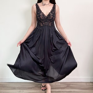 Sz M vintage romantique robe de soirée noire en dentelle florale transparente longue chemise de nuit longue