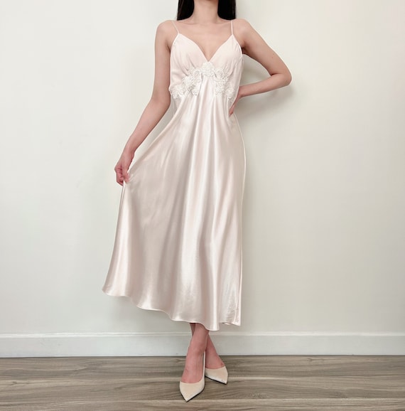 Vintage Light Champagne Beaded Embroidery Long Satin Slip Dress Nightgown Wedding Bridal Lingerie Gift for Wife Girlfriend L Large