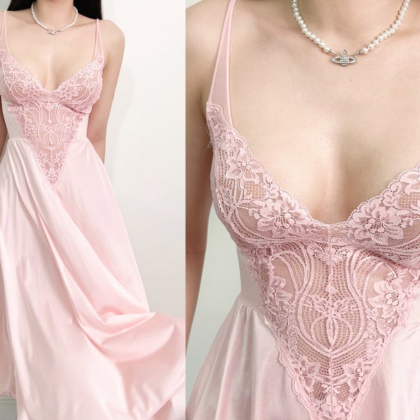 Sz M Rare Vintage OLGA Romantic Pink Lace Slip Dress  Nightgown Style 91140