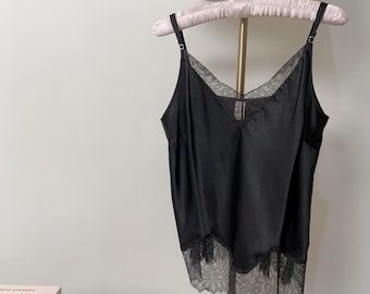 L 90s Victoria&#39;s Secret Black Satin Camisole | Vintage Lace Trim Lingerie Slip Cami Crop Top