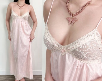 Sz Petite Vintage Pale Babe Pink Babydoll Slip Dress, Maxi Length Nightgown