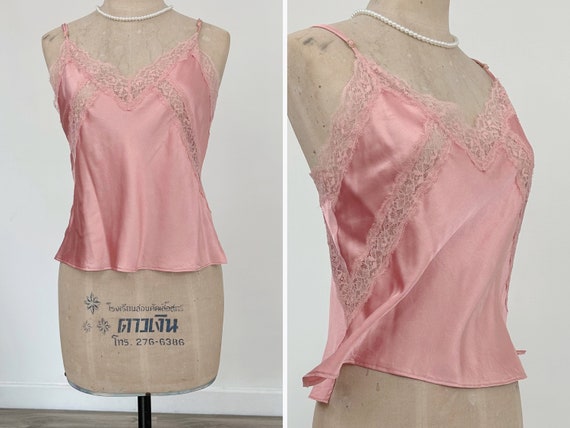 ♡vintage lingerie camisole♡romance pink M Vintage Y2K 'victoria's Secret' Sheer Sparkle Pink Stretch Mesh
