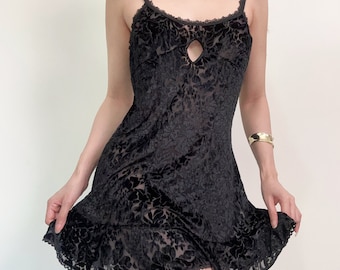Sukienka typu slip w rozmiarze M/L w stylu vintage, półprzezroczysta, z aksamitu w kolorze czarnym, prześwitująca, rozciągliwa, aksamitna mini sukienka