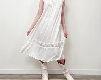Sz M/L Vintage blanco floral encaje bordado vestido slip, vestido de noche babydoll