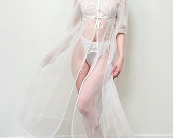 Two-Piece Set Romantic Vintage Nightgown & Robe Set, White Sheer Chiffon Peignoir Lace Puff Sleeve, Bridal Nightgown, Wedding Lingerie Small