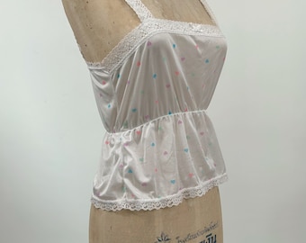 Sz S/M  Lovely Vintage White Heart Polka Dot Camisole - Cami Tank Top Nylon and Lace Negligee Lingerie