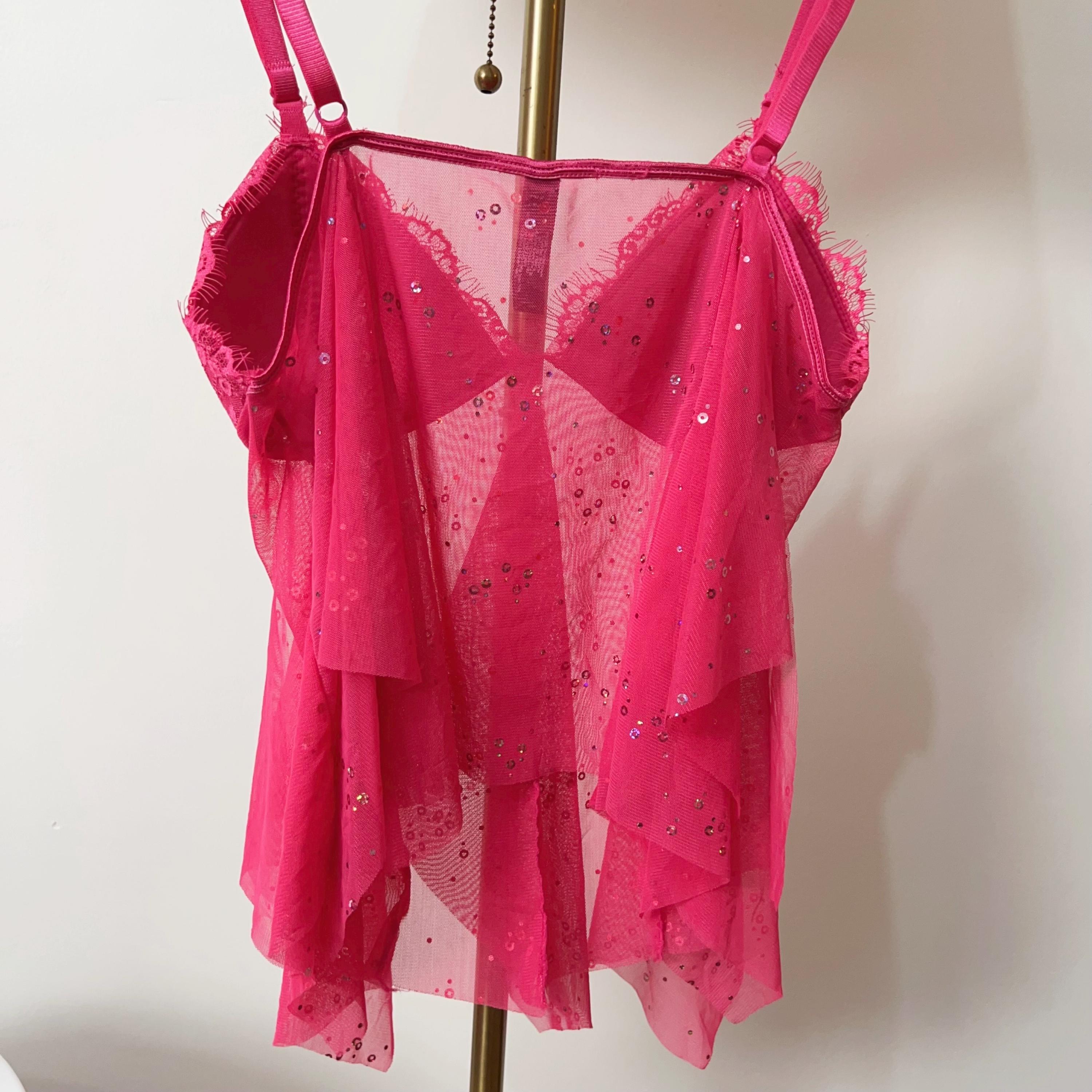 M Vintage Y2K 'victoria's Secret' Sheer Sparkle Pink Stretch Mesh