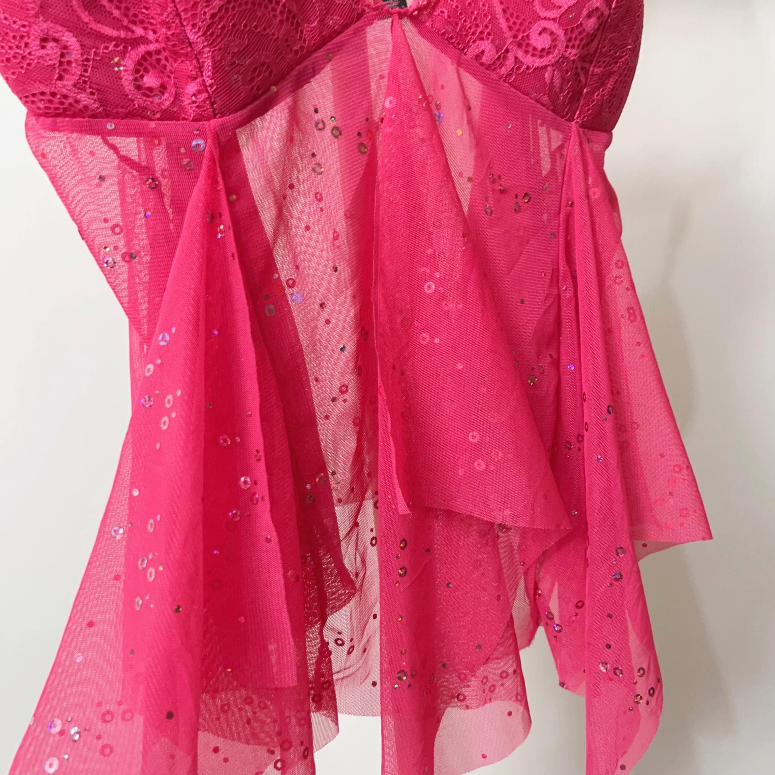 ♡vintage lingerie camisole♡romance pink M Vintage Y2K 'victoria's Secret' Sheer Sparkle Pink Stretch Mesh