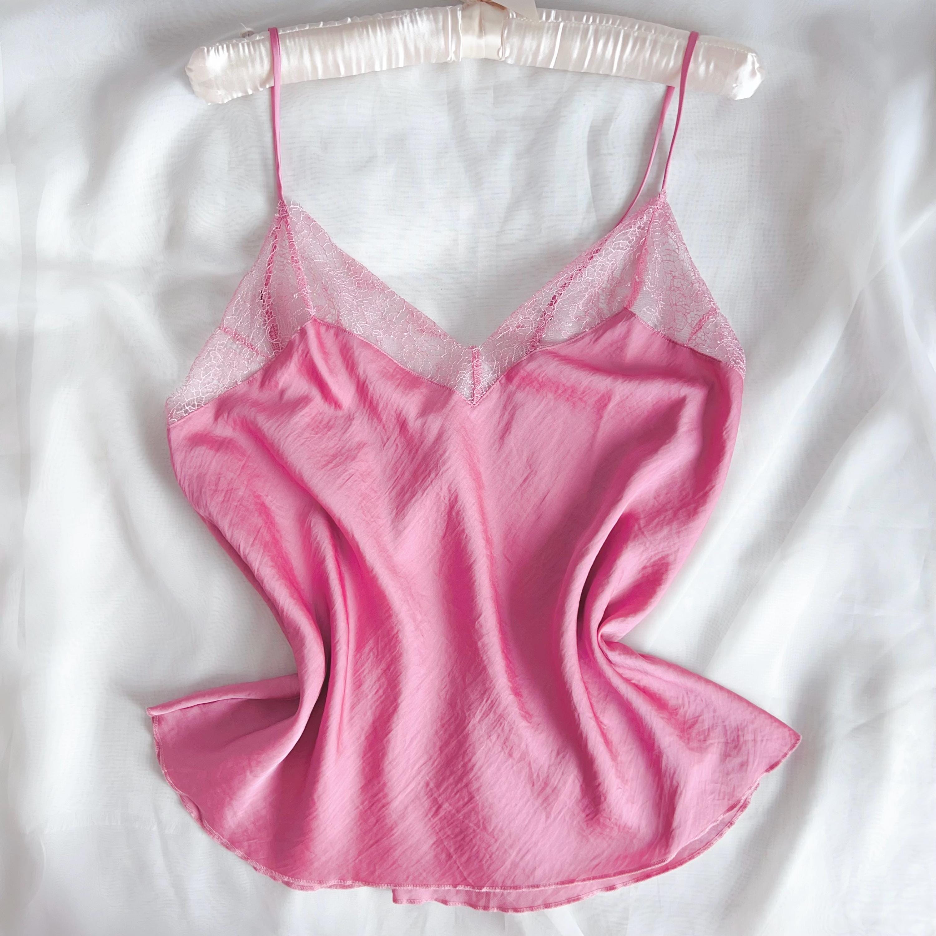 90s Y2K Vintage Camisole Lingerie Top L Large Pink Satin