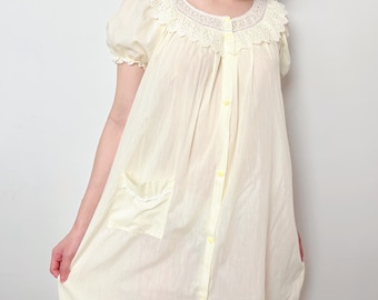 Vintage Cream Yellow Ruffle Lace Babydoll Sleepwear Puffy Sleeves Nightgown Nylon Cotton S Small