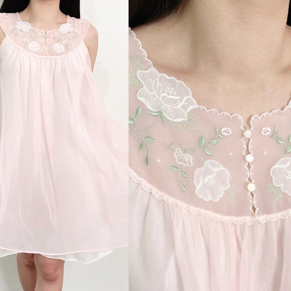 Sz M Vintage Pink Floral Embroidery Double Layered Nylon Slip Dress, Babydoll Night Gown