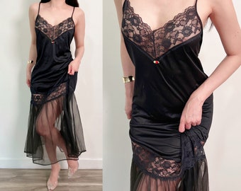 Sz L Vintage Romantic Sheer Floral Lace Black Slip Dress Maxi Nightgown