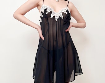 Sz M/L Vintage Sheer Black Babydoll Nightie Lingerie Chemise Mini Dress