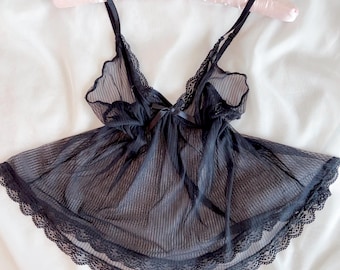 US14/EU44  Vintage Y2K Black Mesh Sheer Lace Trim Ribbon Coquette Cami Top 2000s