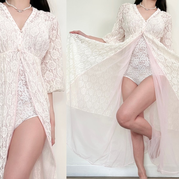 Vintage ‘Jenelle’ White Cream Lace and Sheer Pink Nylon Double Layer Robe, Lingerie Coverup, Puff Sleeves Peignoir - Missing Waist Tie