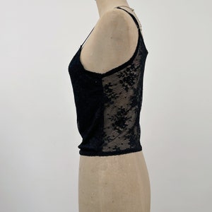 Sz M Y2K Black Floral Mesh Tank Top, Sheer Cami Crop Top