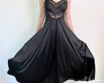 Sz S Vintage Floral Lace Black Luxurious Slip Dress Maxi Nightgown, Victorian Princess Style