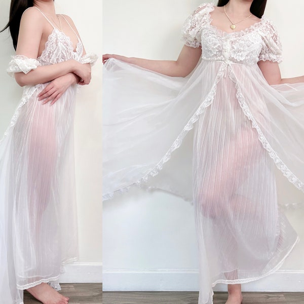 Sz M Romantic Vintage TOSCA of California Nightgown & Robe Set, White Sheer Chiffon Peignoir Lace, Bridal Night Gown, Sheer Wedding Lingerie