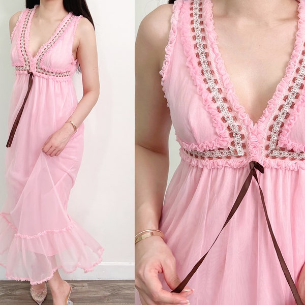 Sz 12/14 Vintage Pink Ruffle Double Layered  Nylon Lace Fairytale Nightgown Maxi Slip Dress, Spring Summer Dress