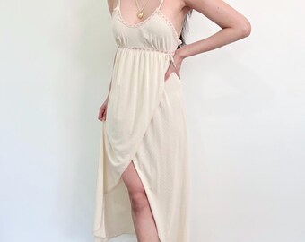 Lovely Vintage Cream & Lace Trim Slip Dress, Lingerie Maxi Night Gown S Small