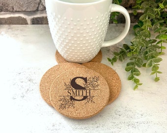 Personalized cork coasters, monogram name cork coaster, floral leaf and branch design with name monogram