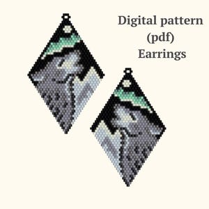 May include: A digital pattern for beaded earrings featuring a wolf design. The pattern is in PDF format and is available for download. The earrings are made with beads and have a diamond shape.