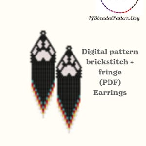 May include: A digital pattern for beaded earrings featuring a paw print design. The pattern is for brick stitch and fringe and is available as a PDF download. The earrings are black with white paw prints and colourful fringe.